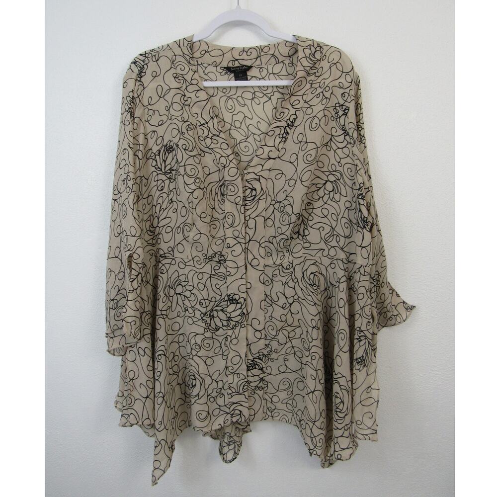 Sunny Taylor 2X Artsy Floral Flowy 3/4 Length Blouse Top Tan Black Plus Size